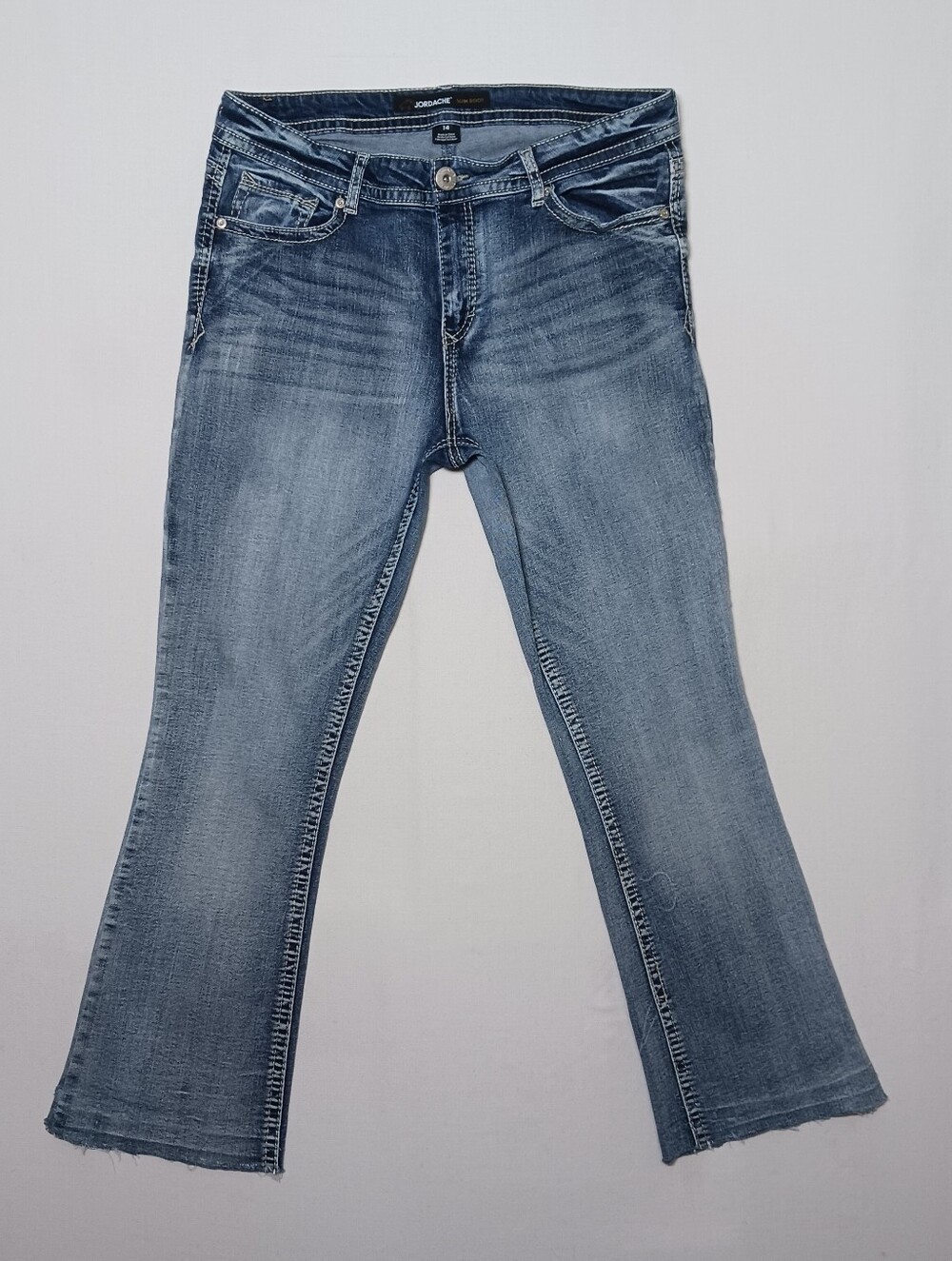 Jordache Womens Slim Boot Jeans Size 14 Faded Blue Denim 34X28 Raw Hem